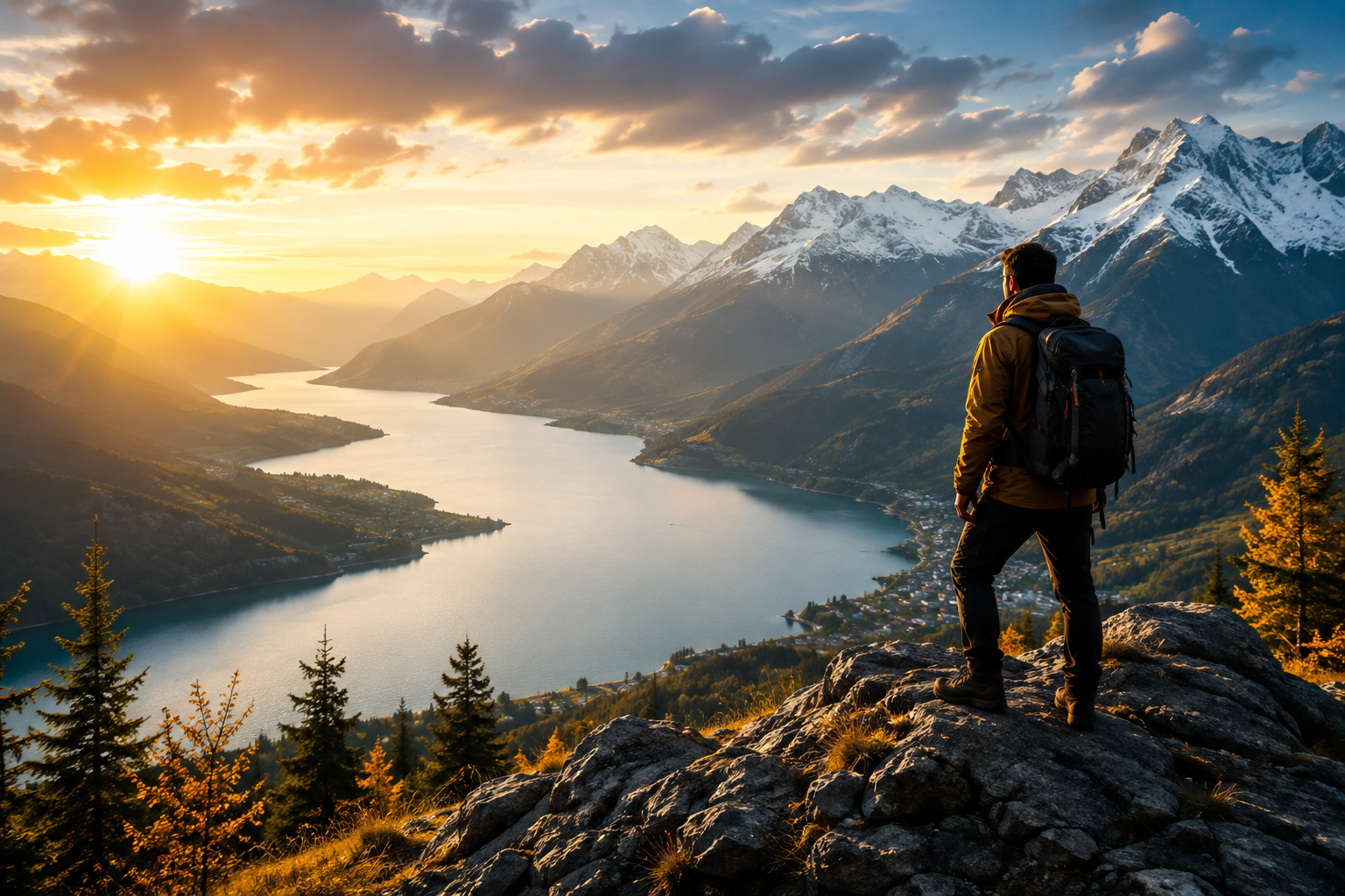 Traveller overlooking a scenic mountain valley